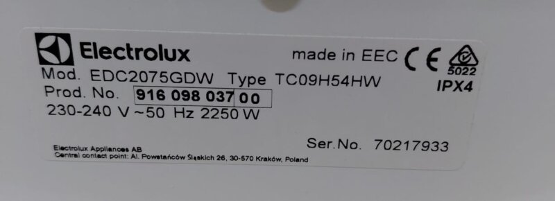 Electrolux 7kg Condenser Dryer EDC2075GDW