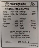 Westinghouse 392L Top Mount Fridge/Freezer RJ390M
