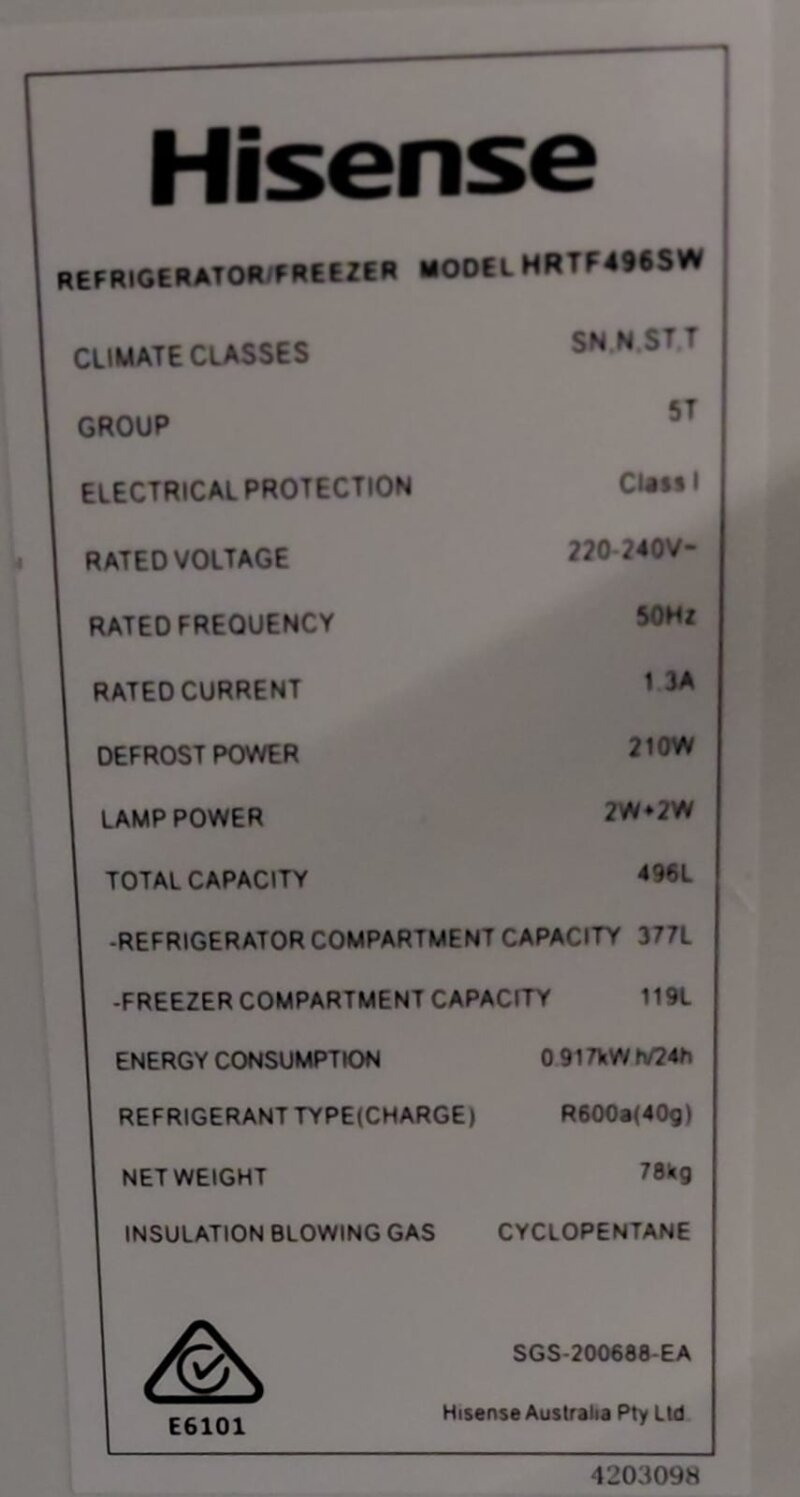 Hisense 496L Top Mount Fridge HRTF496SW
