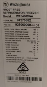 Westinghouse 462L Top Mount Fridge WTB4600WA