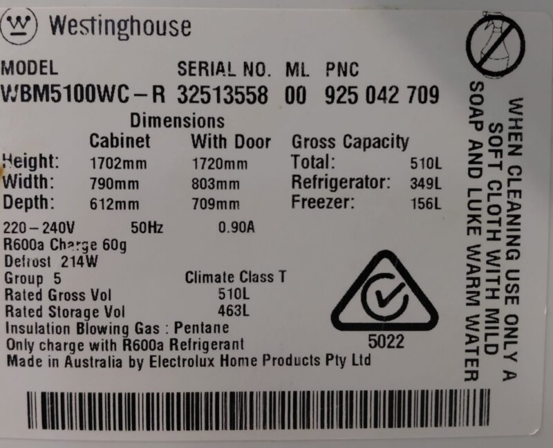 Westinghouse 510L Bottom Mount Fridge WBM5100WC-R