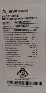 Westinghouse 537L Top Mount Fridge WTB5400WA