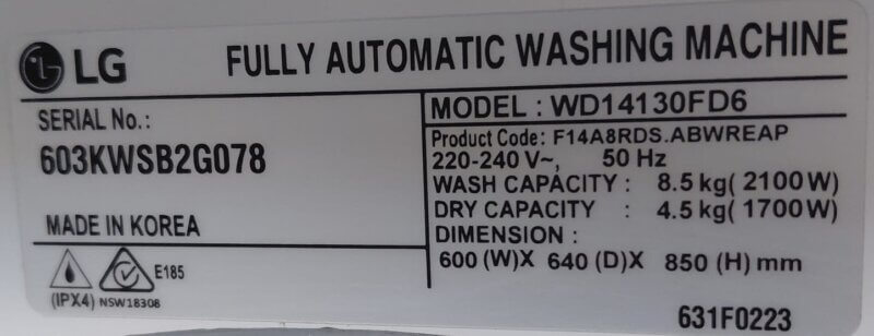 LG 8.5 4.5kg Front Load Washer Dryer Combo WD14130FD6