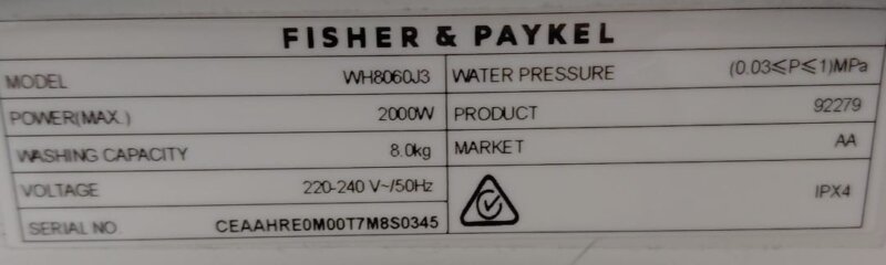 Fisher & Paykel WH8060J3 8KG Front Load Washer