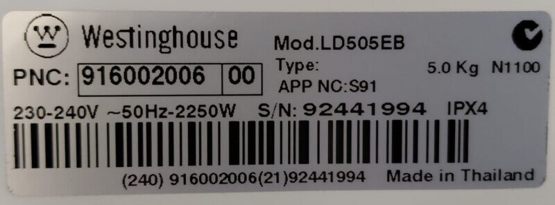Westinghouse 5kg Vented Dryer LD505EB