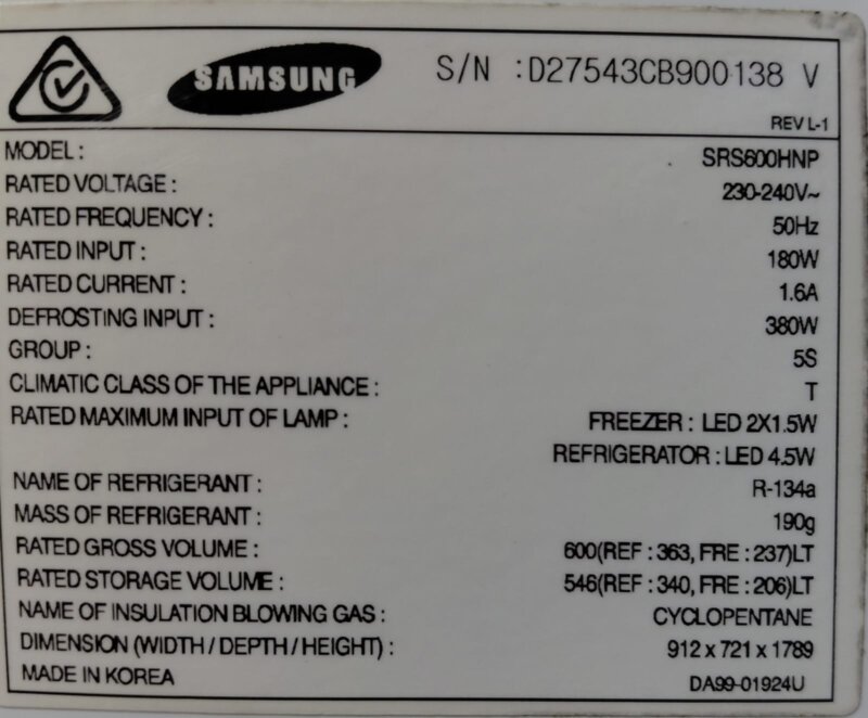 Samsung 600L Side by Side Refrigerator – SRS600HNP