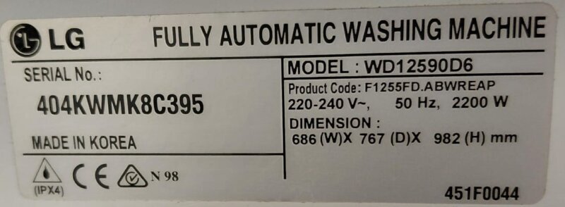 LG 10kg Front Load Washing Machine – WD12590D6