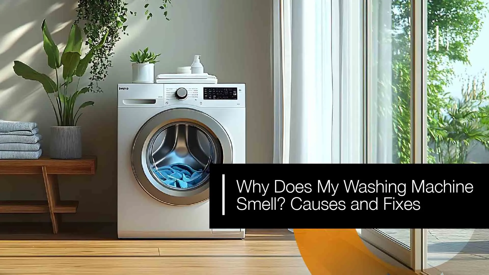 Front-load washing machine being cleaned to remove unpleasant odors and mold buildup.