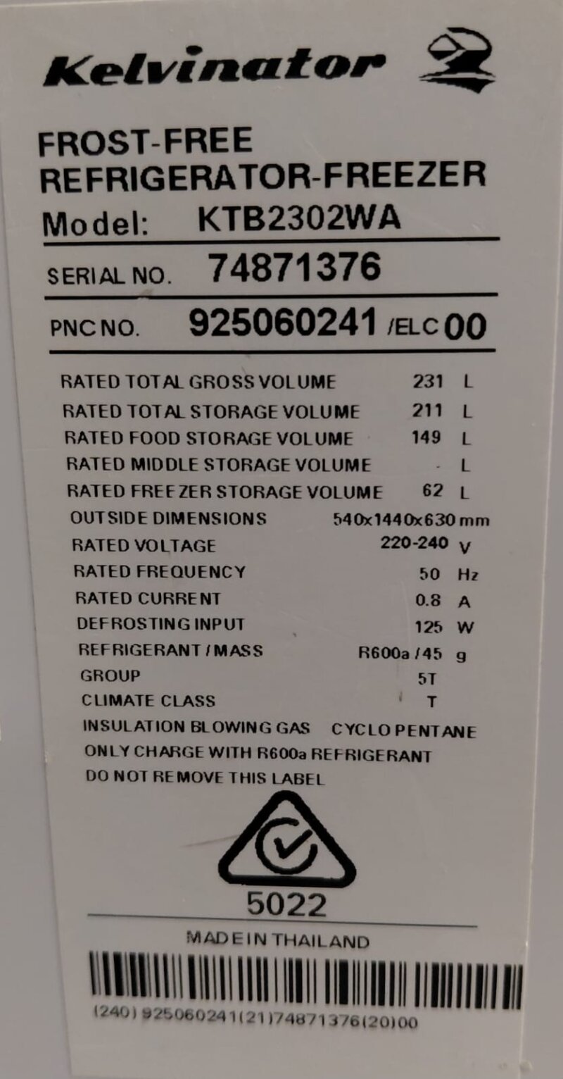 Kelvinator 231L Top Mount Fridge KTB2302WA