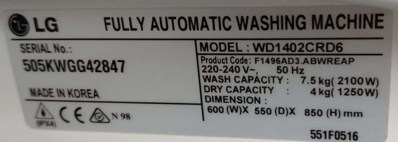 LG 7.5kg / 4kg Washer Dryer Combo – WD1402CRD6