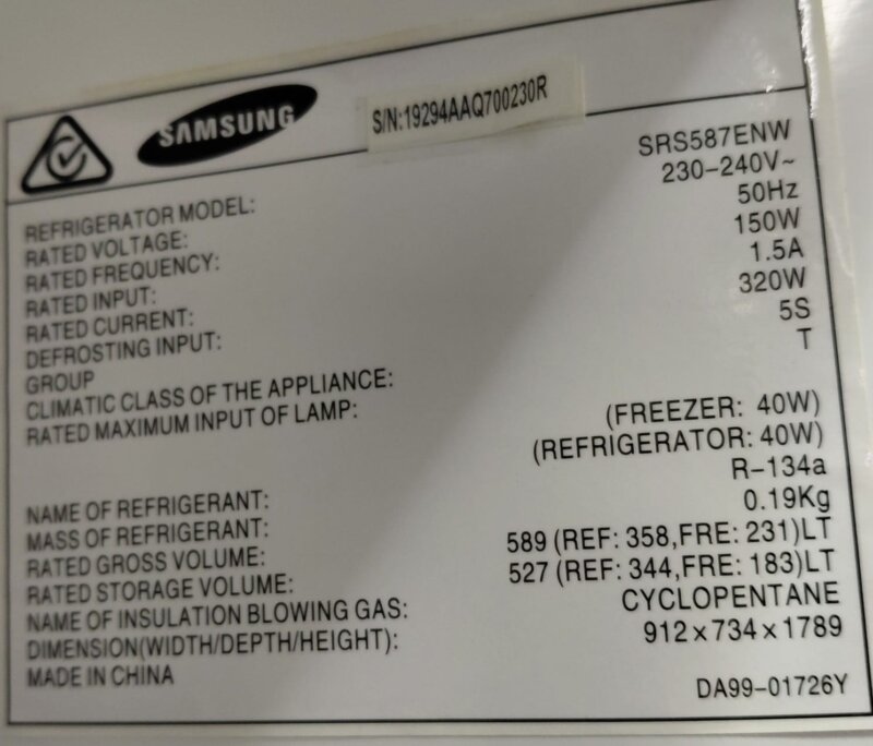 Samsung 589L Side by Side Fridge – SRS587ENW
