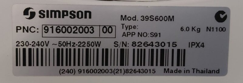 Simpson 6kg Vented Dryer – 39S600M