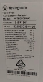 Westinghouse 275L Top Mount Fridge WTB2800WC – White