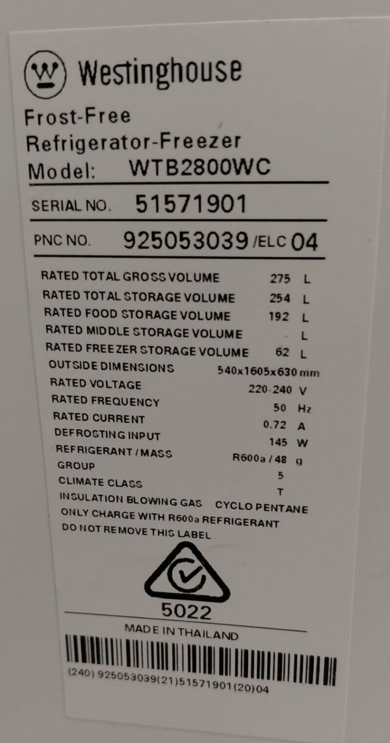 Westinghouse 275L Top Mount Fridge WTB2800WC – White