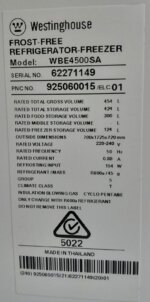 Westinghouse 454lt bottom mount fridge