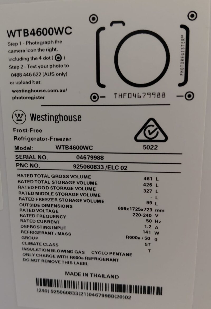 Westinghouse 461L Top Mount Fridge – WTB4600WC