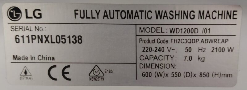 LG 7kg Front Load Washing Machine – WD1200D/01