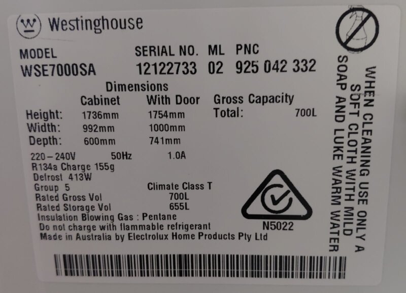 Westinghouse 700L Side by Side Fridge – WSE7000SA