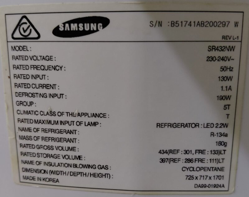 Samsung 434L Top Mount Fridge SR432NW