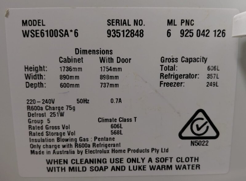 Westinghouse 606L Side by Side Fridge WSE6100SA