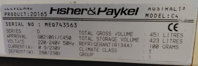Fisher & Paykel 451lt Upright Fridge Only