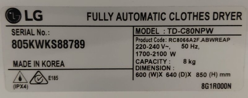 LG 8kg Condenser Sensor Dryer TD-C80NPW