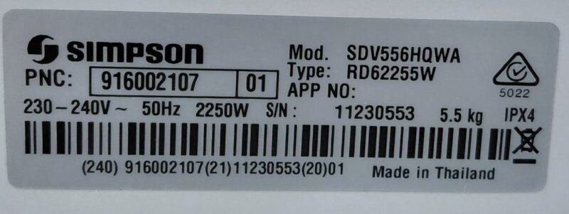 Simpson 5.5kg Vented Dryer SDV556HQWA